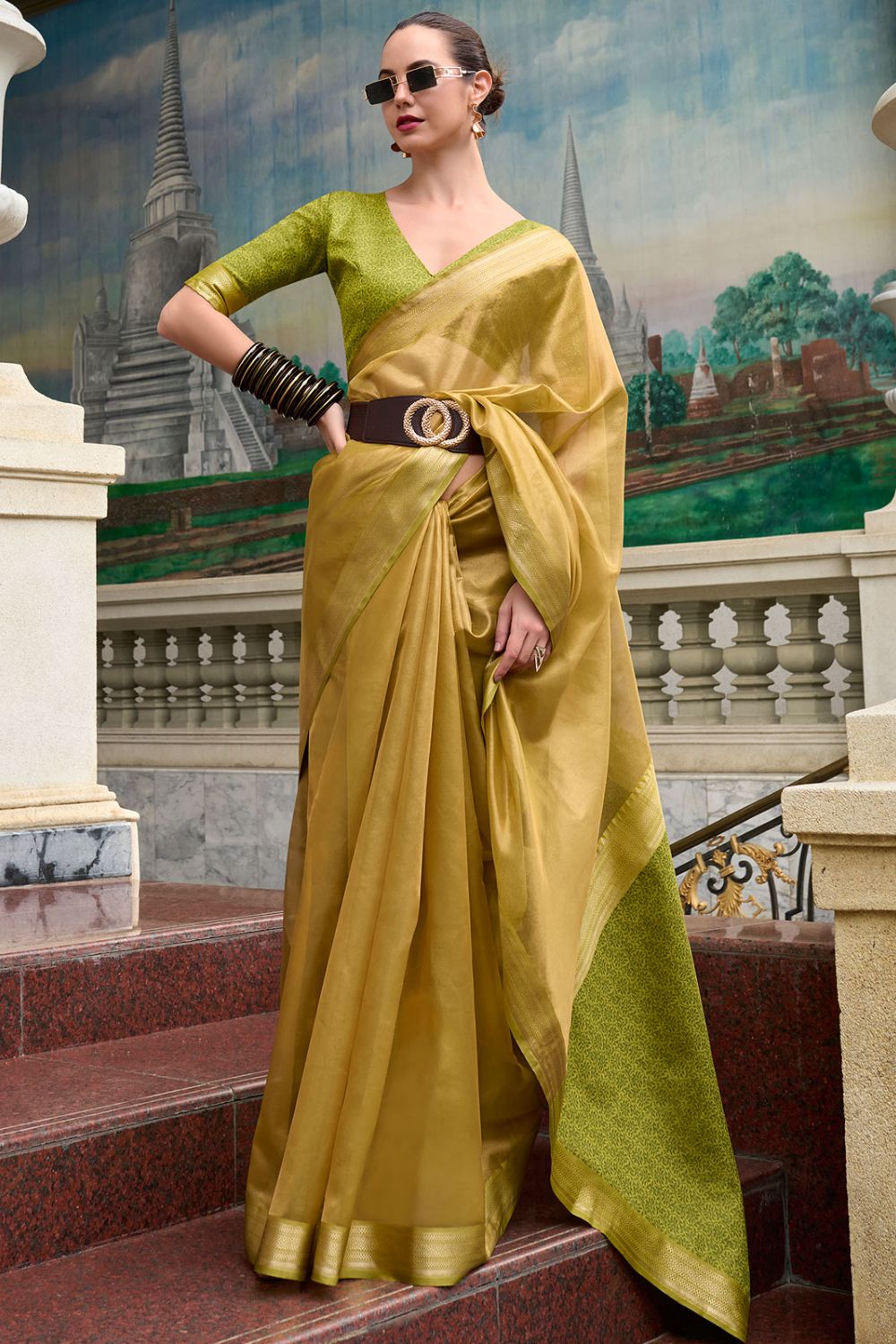 Dusty Yellow Tissue Silk Weaving Work Saree