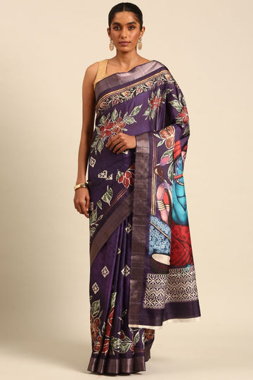 Eggplant Digital Print Work Cotton Saree