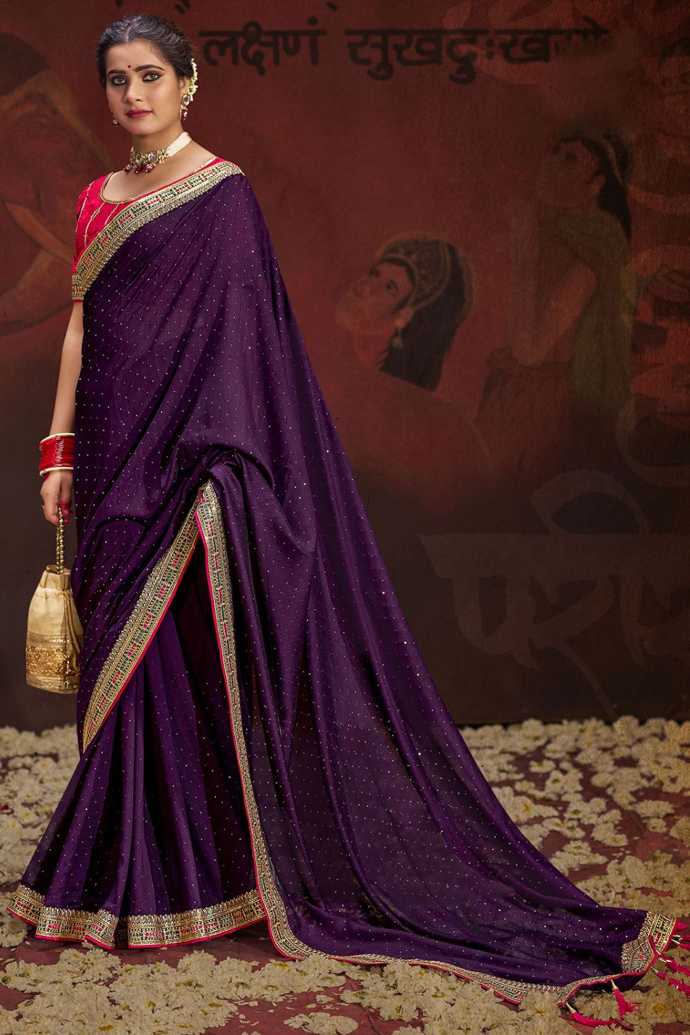 Eggplant Swarovski Work Silk Georgette Saree