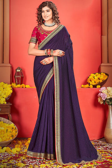 Eggplant Silk Saree with Embroidered Border