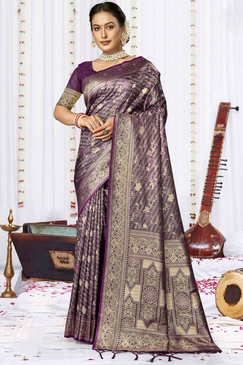 Eggplant Woven Satin Silk Saree