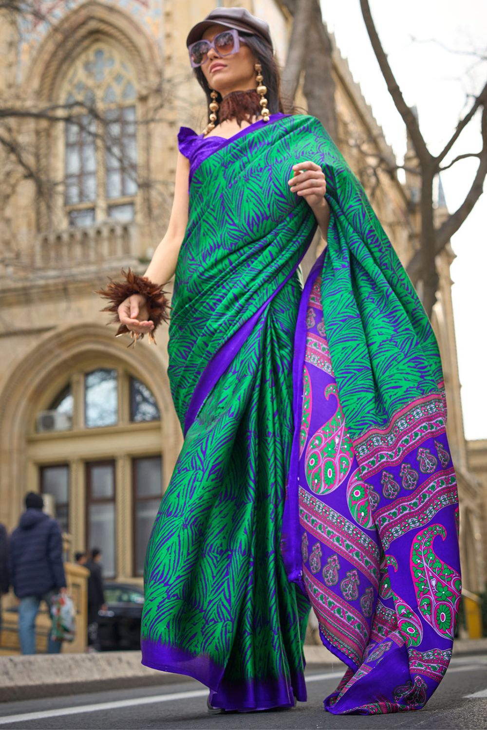 Emerald Green Digital Print Satin Crepe Saree for Party