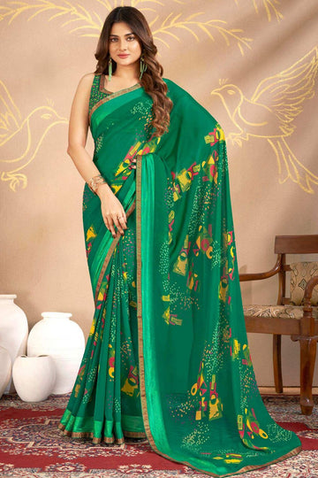 Emerald Green Printed Georgette Casual Wear Saree