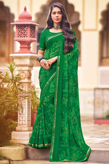 Emerald Green Printed Georgette Casual Wear Saree