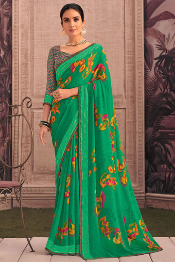 Emerald Green Printed Georgette Casual Wear Saree