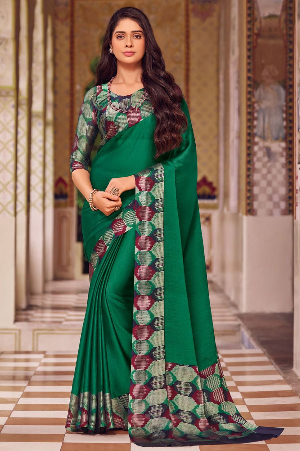 Emerald Green Printed Chiffon Saree