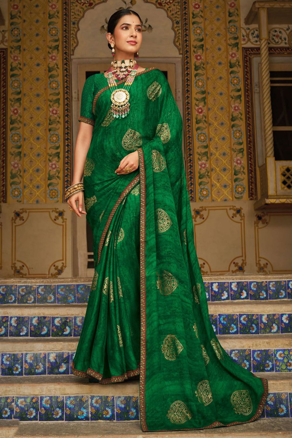 Emerald Green Printed Georgette Casual Wear Saree