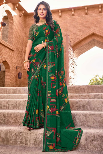 Emerald Green Printed Georgette Casual Saree