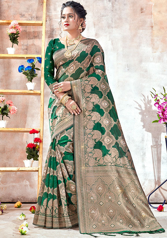 Emerald Green Woven Organza Saree for Party