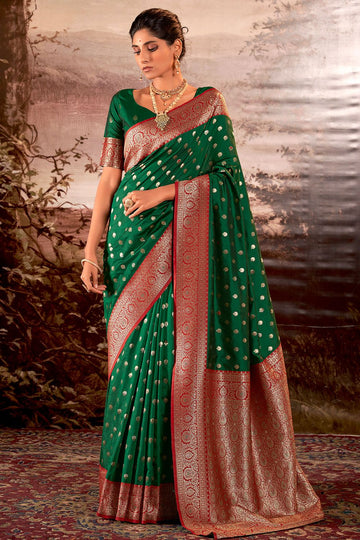 Emerald Green Zari Weaving Work Banarasi Silk Saree for Wedding