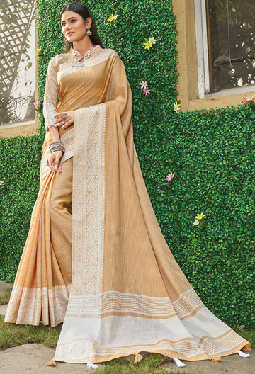 Fawn Chikankari Printed Linen Saree for Party