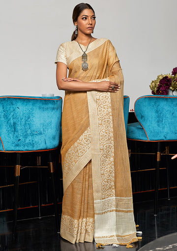 Fawn Linen Printed Saree