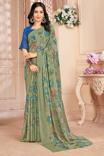 Fern Green Chiffon Printed Casual Wear Saree