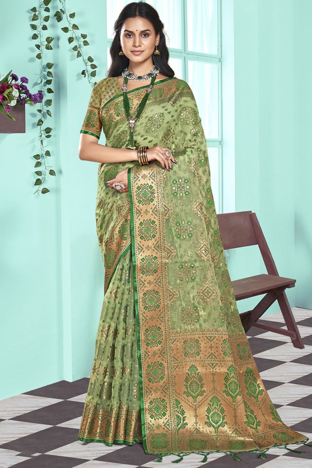 Fern Green Organza Party Wear Saree