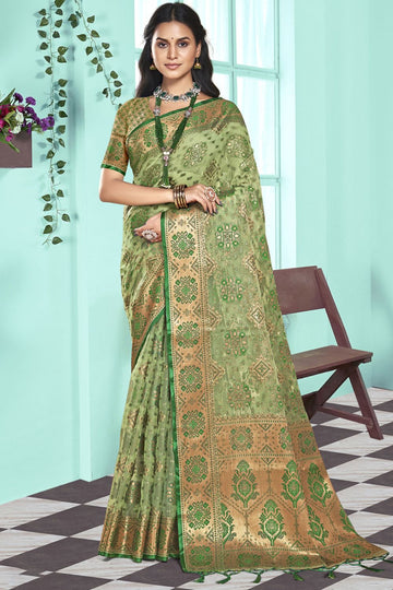 Fern Green Woven Partywear Organza Saree