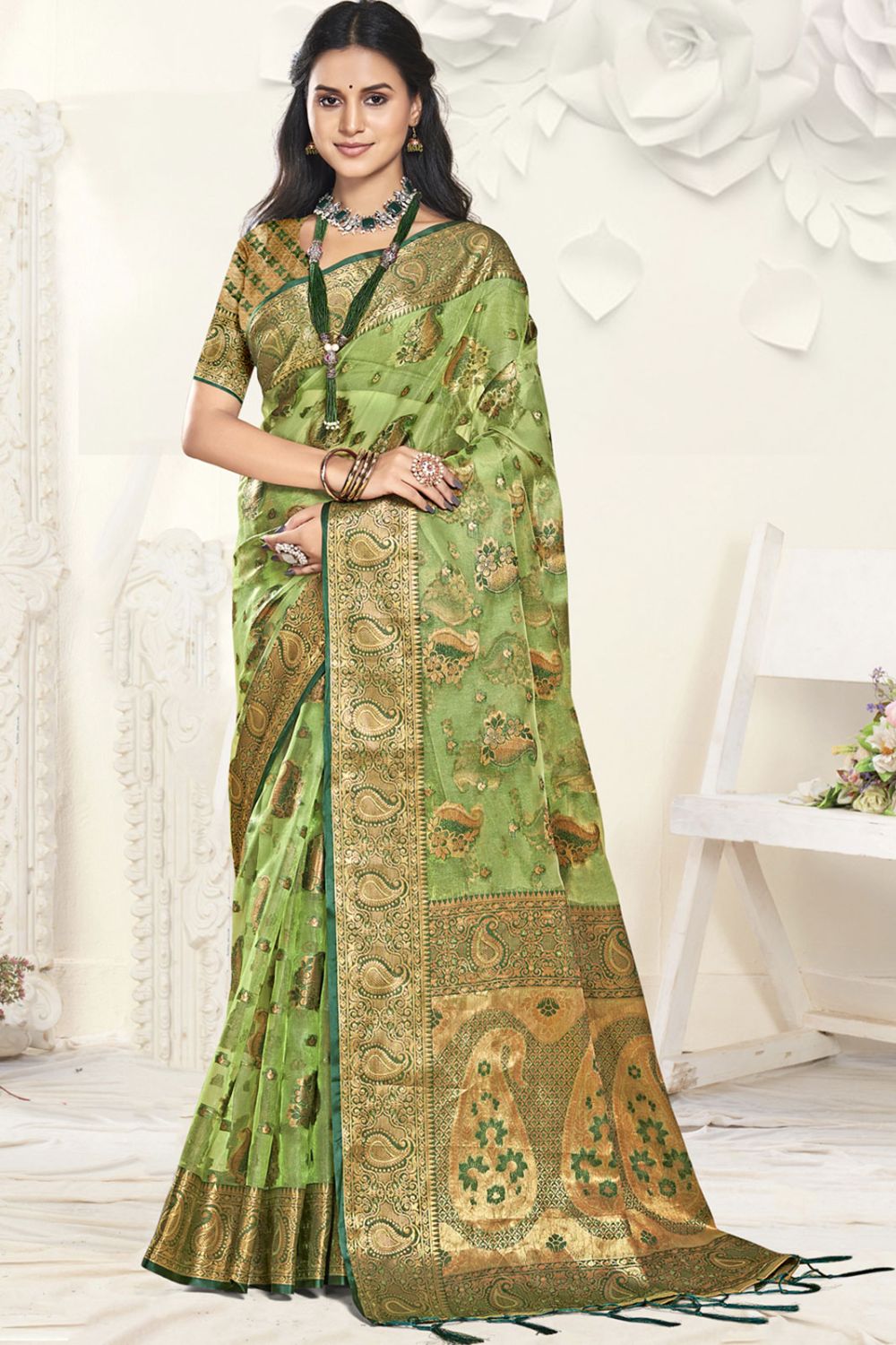 Fern Green Organza Party Wear Saree