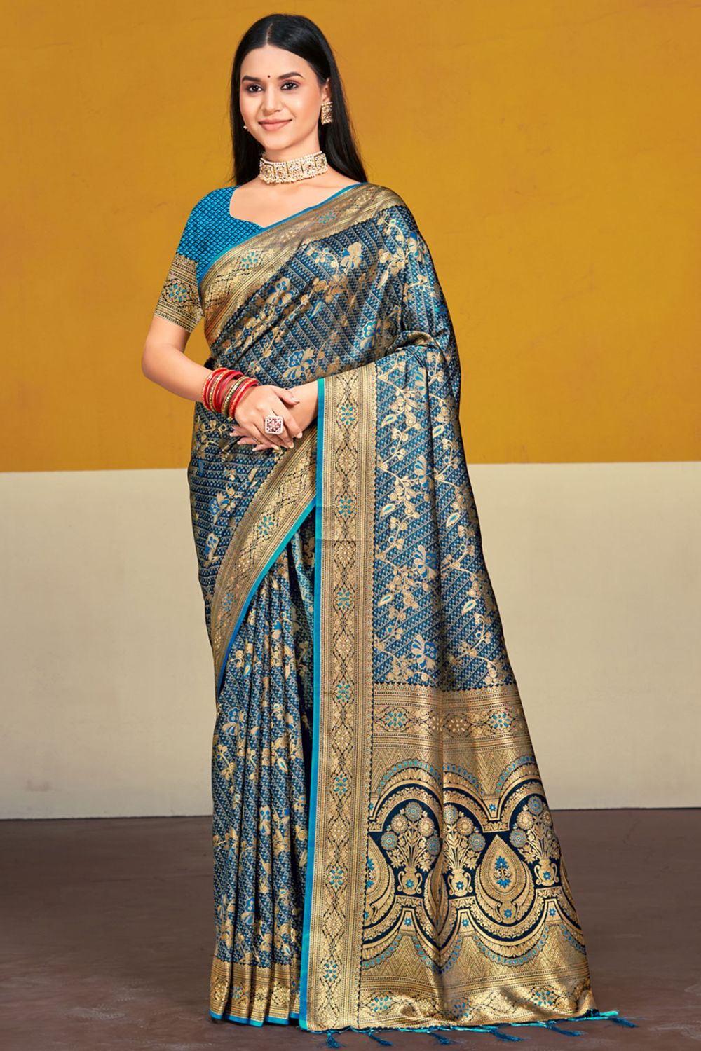 Firozi Blue Satin Silk Woven Saree