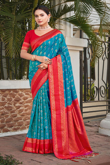 Firozi Blue Zari Weaving Work Silk Saree