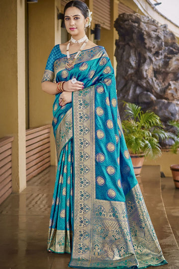 Firozi Blue Zari Weaving Silk Saree