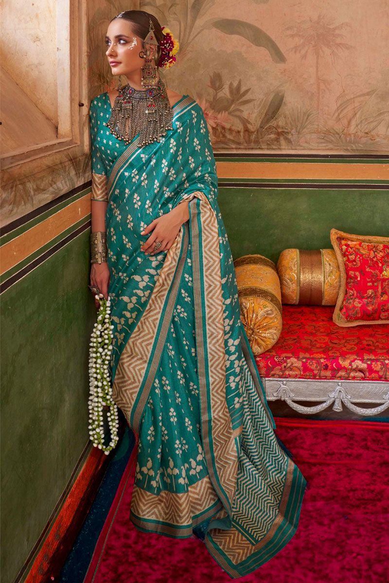 Firozi Aqua Finish Silk Saree