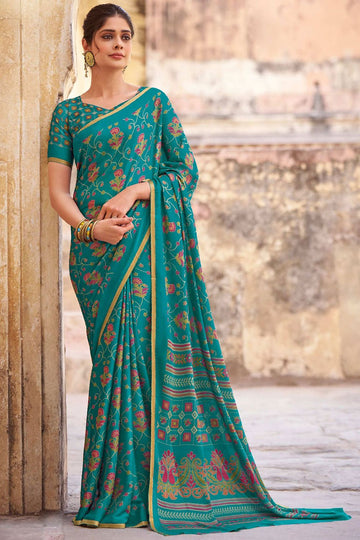 Firozi Printed Crepe Satin Saree for Festival