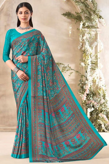 Firozi Printed Silk Crepe Saree for Party