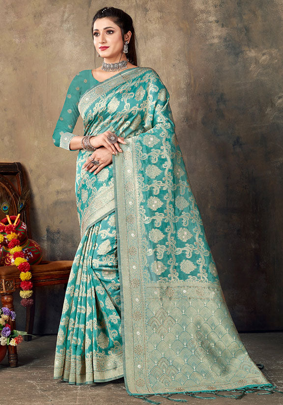 Firozi Woven Organza Saree for Party