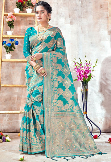 Firozi Woven Organza Saree for Party