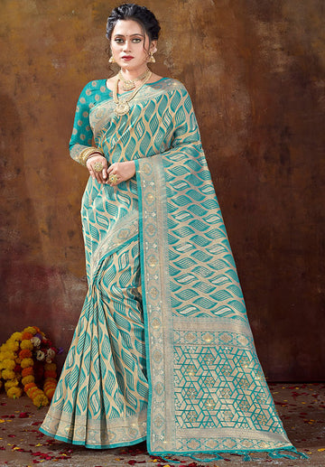 Firozi Woven Organza Saree for Party