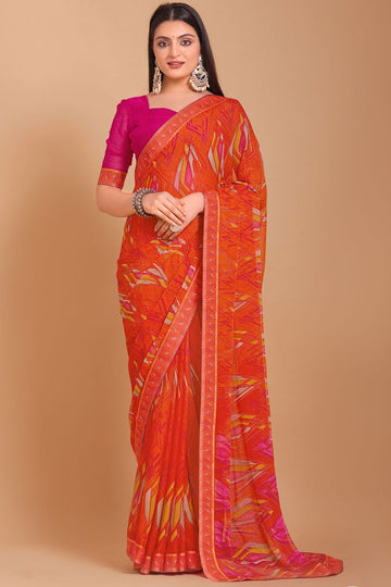 Flame Orange Digital Printed Chiffon Casual Wear Saree