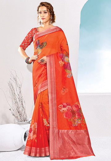 Flame Orange Organza Silk Printed Saree