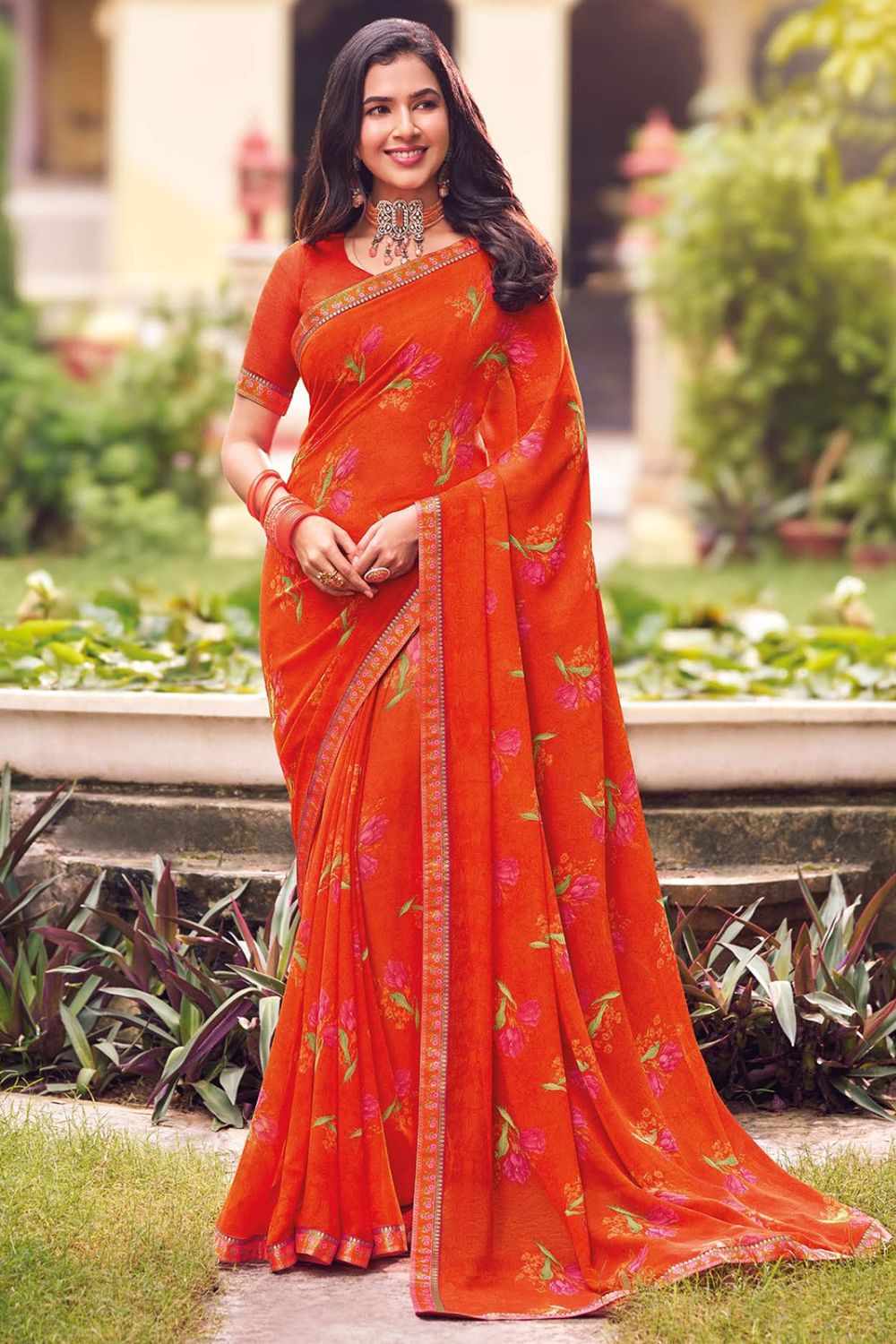 Flame Orange Printed Georgette Casual Wear Saree