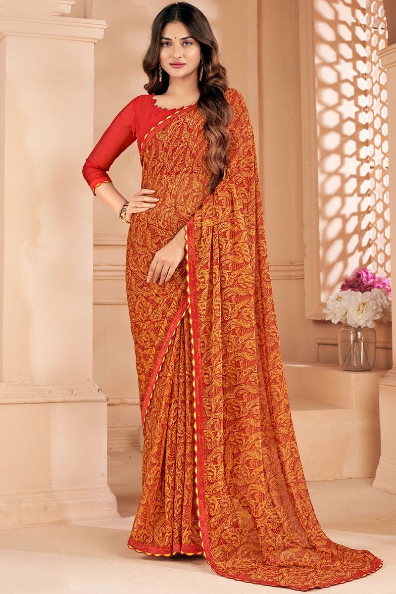 Flame Orange Printed Casual Wear Saree