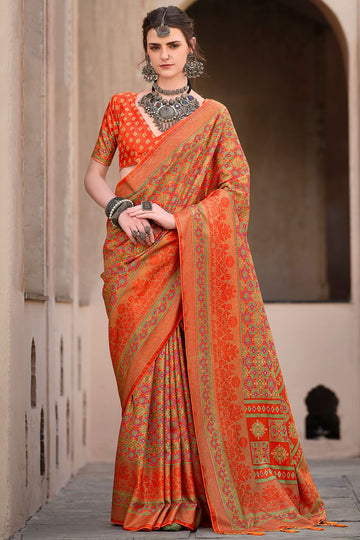 Flame Orange Silk Printed Saree for Festival