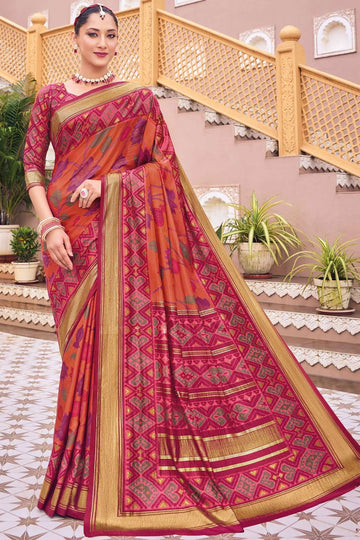 Flame Orange Silk Printed Saree