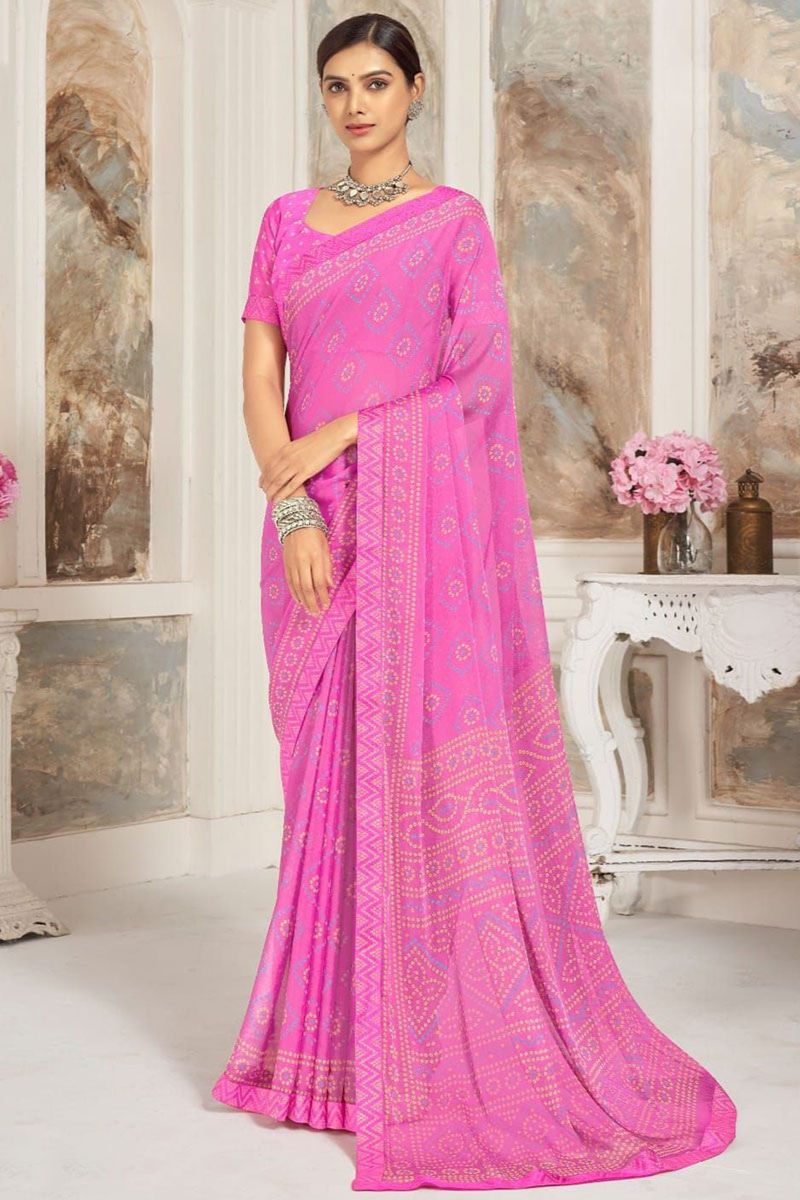 Flamingo Pink Printed Casual Wear Saree