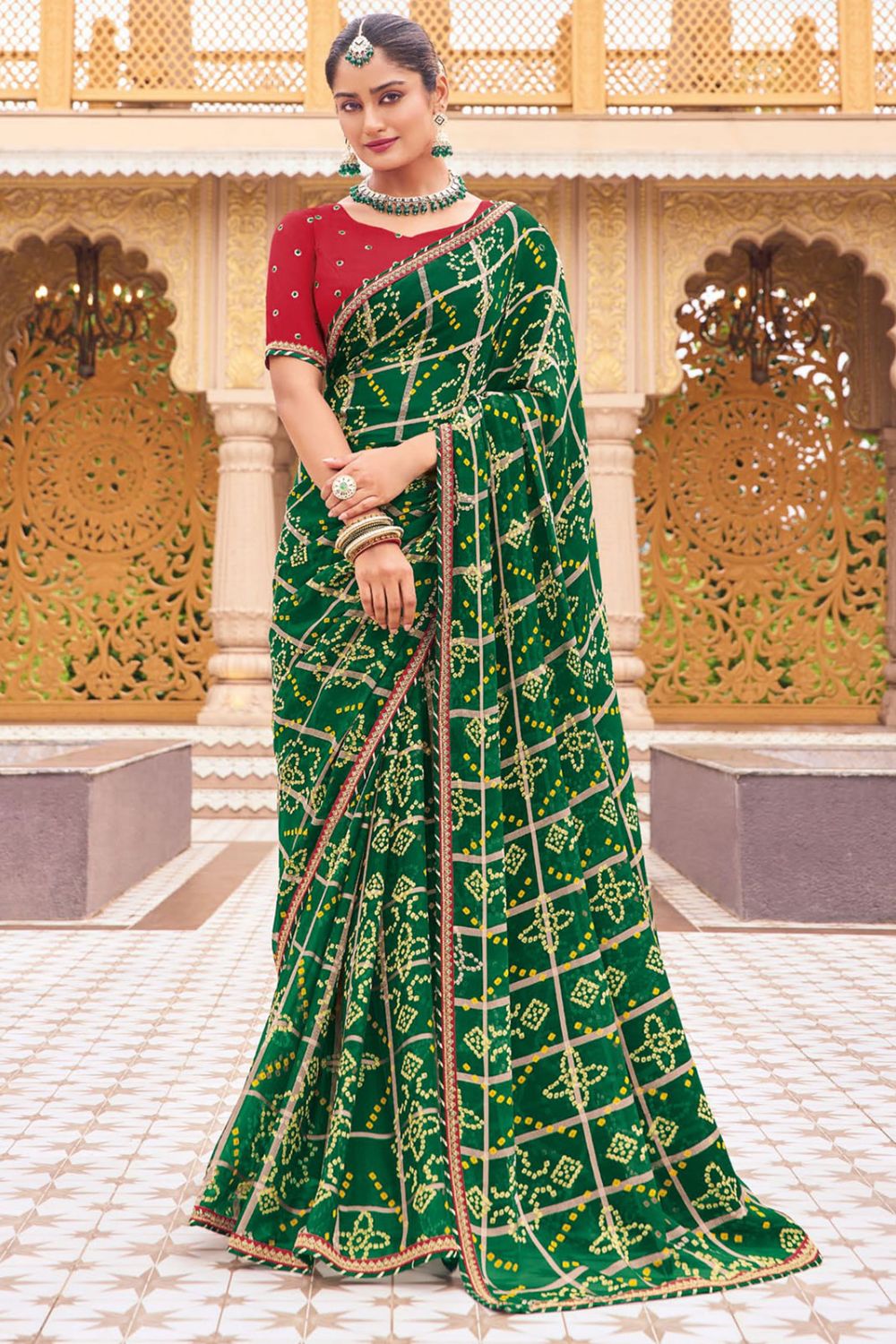 Forest Green Bandhani Print Georgette Chiffon Saree for Party