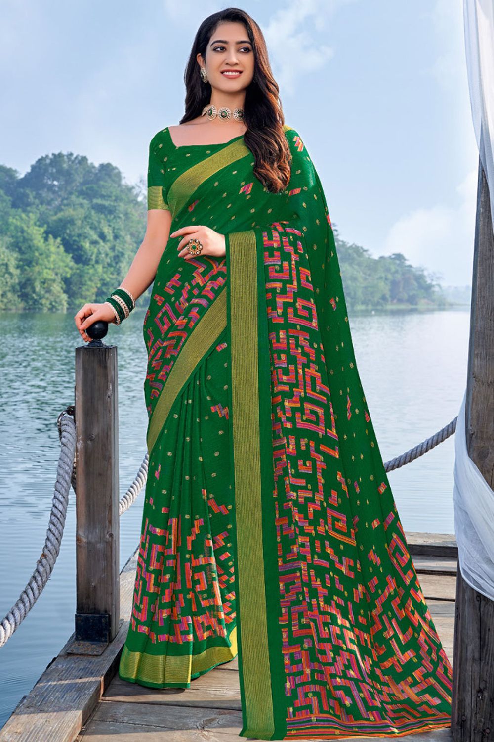 Forest Green Printed Casual Wear Chiffon Saree