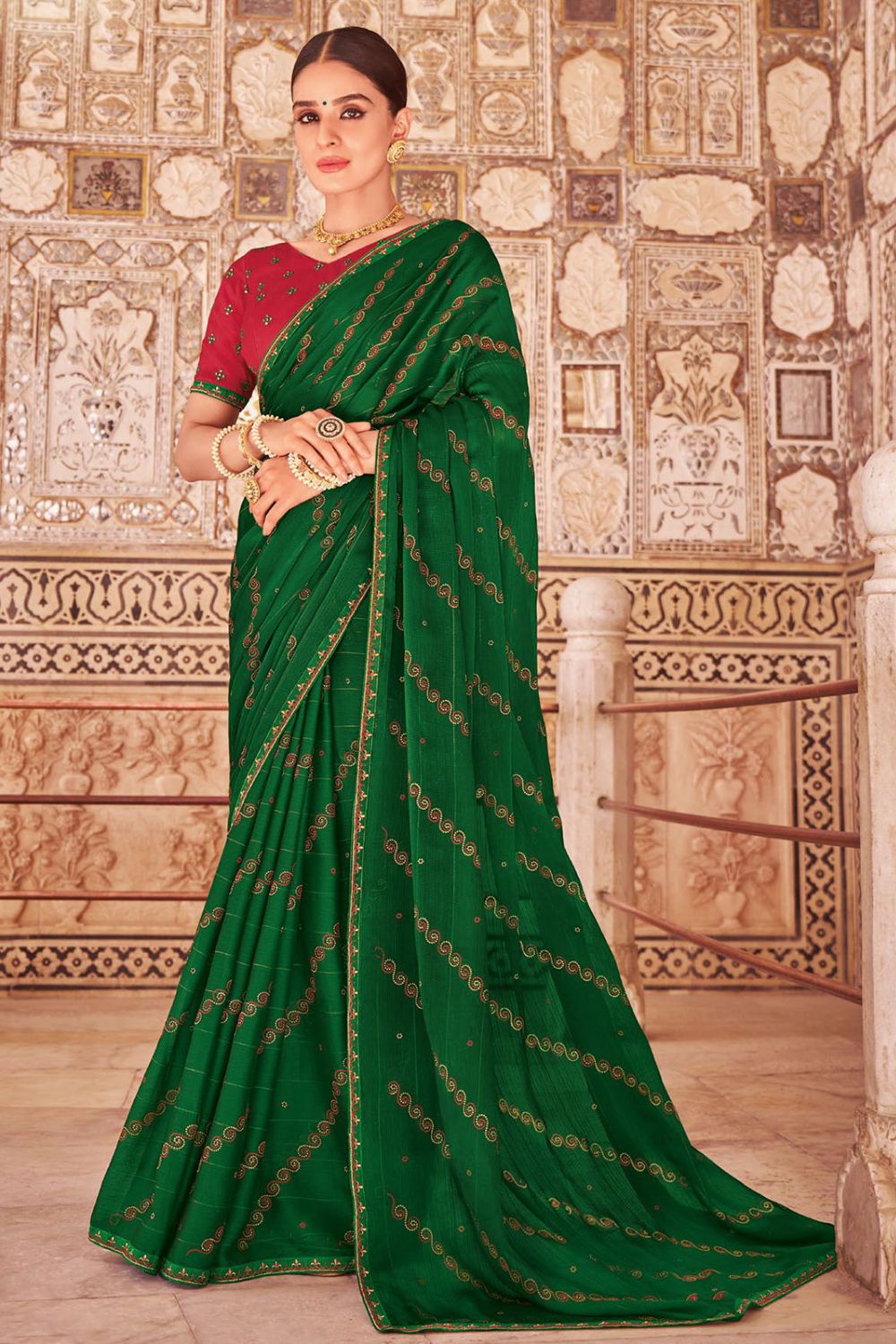 Forest Green Chiffon Saree with Embroidery Work