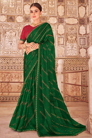 Forest Green Chiffon Saree with Embroidery Work