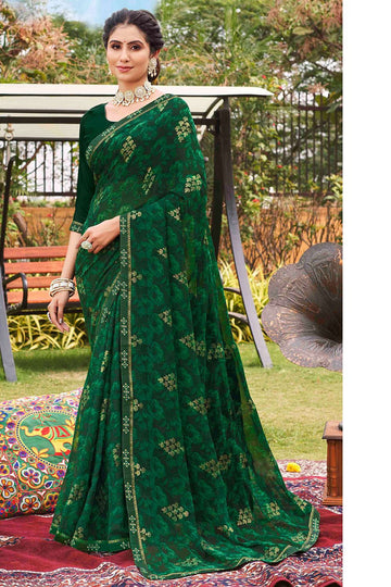 Forest Green Printed Georgette Casual Wear Saree