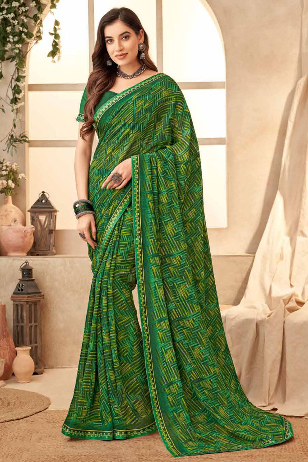 Forest Green Printed Georgette Casual Wear Saree