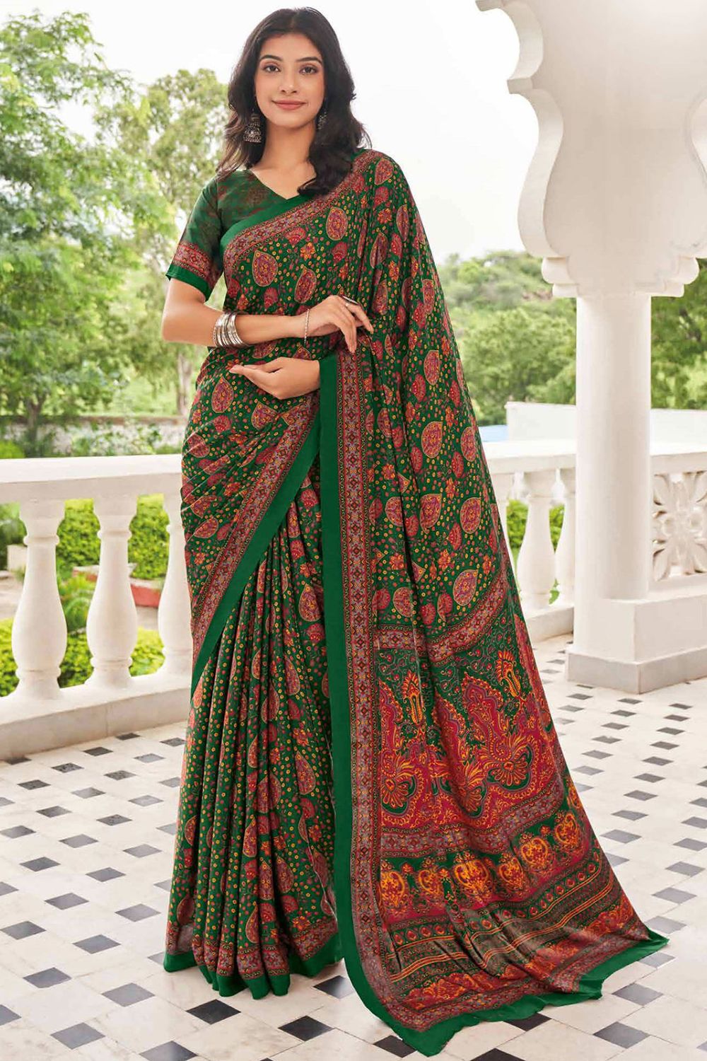 Forest Green Crepe Casual Wear Saree