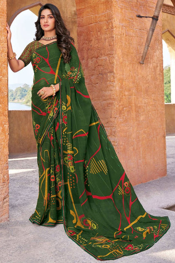 Forest Green Printed Georgette Casual Saree