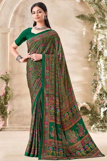 Forest Green Printed Silk Crepe Saree for Party