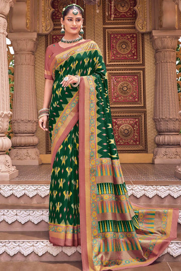 Forest Green Silk Printed Saree