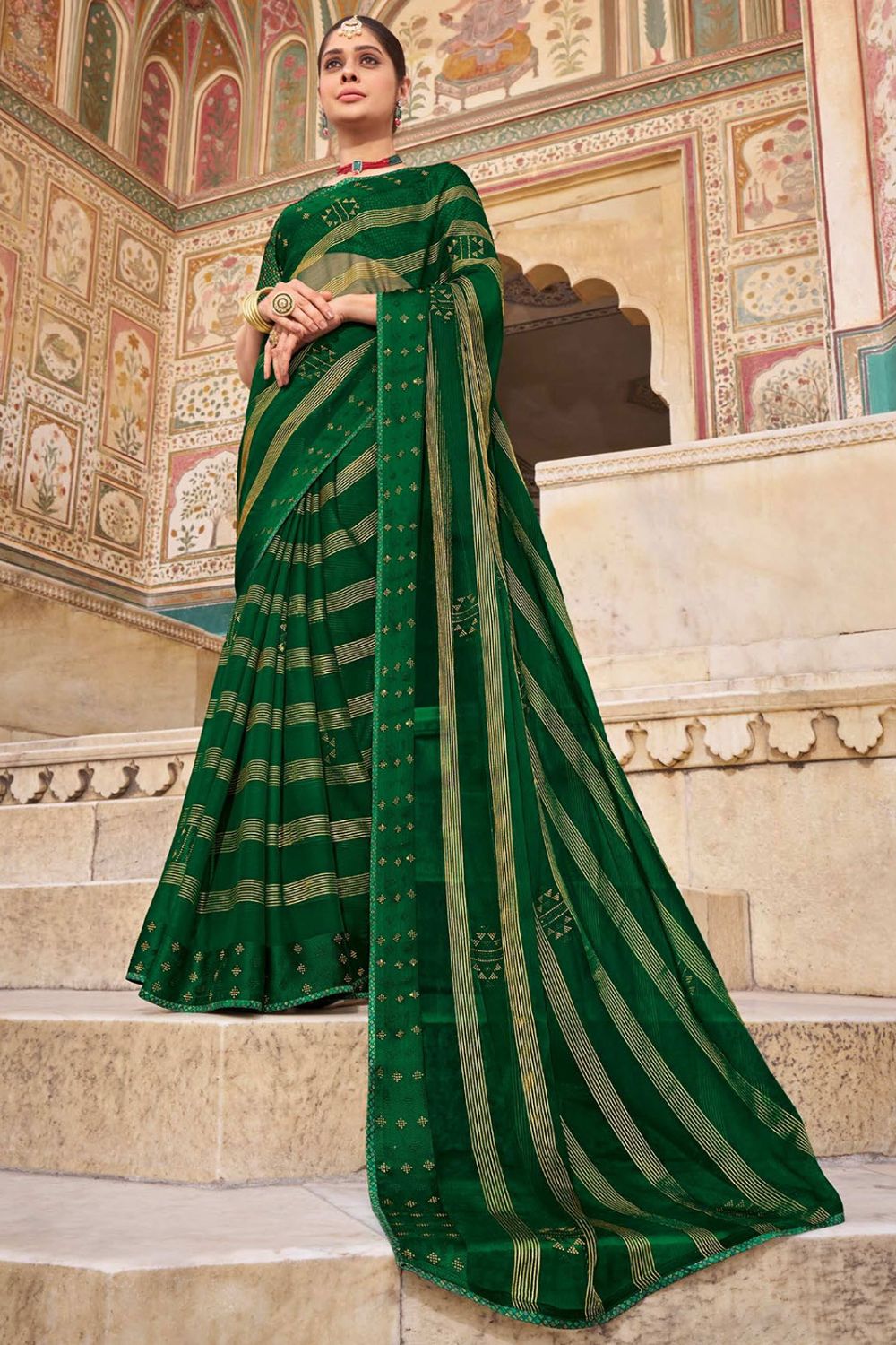 Forest Green Chiffon Saree for Party