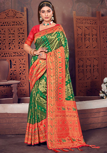 Forest Green Woven Kanjivaram Silk Saree for Festival for Festival