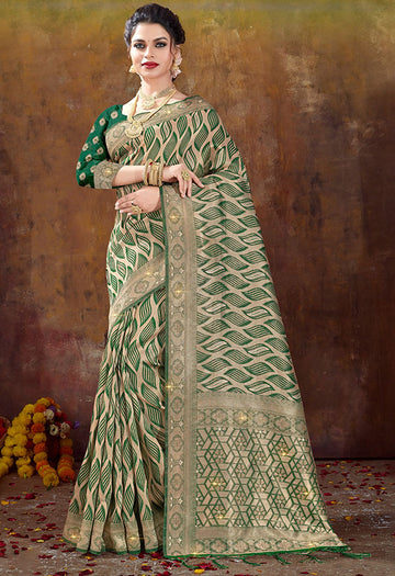 Forest Green Woven Organza Saree for Party