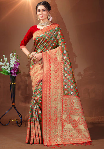 Forest Green Woven Patola Silk Saree for Party